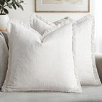 MIULEE Decorative Throw Pillow Covers Neutral Linen Fringe Throw Pillows Set of 2 White Boho Farmhouse Cushion Covers with Tassels for Couch Sofa Bed Living Room Home Spring Decor 18x18 Inch