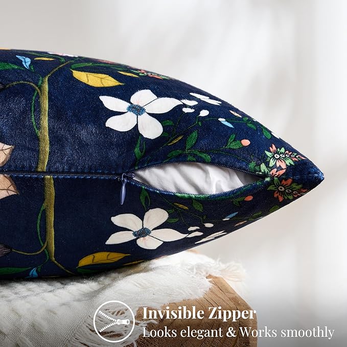 MUSSEL Navy Blue Velvet Throw Pillow Covers 20x20 Pack of 2, Vintage Floral Pillow Covers, Mid Century Flower Plant Cushion Covers for Sofa Living Room Home Decor