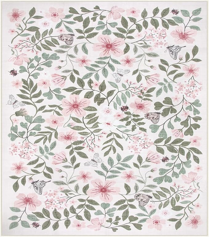 Lahome Reverie 8x10 Pink Floral Rug for Nursery & Girls Room, Washable Carpet for Boho Pink Home Decor, Non-Slip Carpet for Playroom, Toddler Retreat, Apartment Living Space