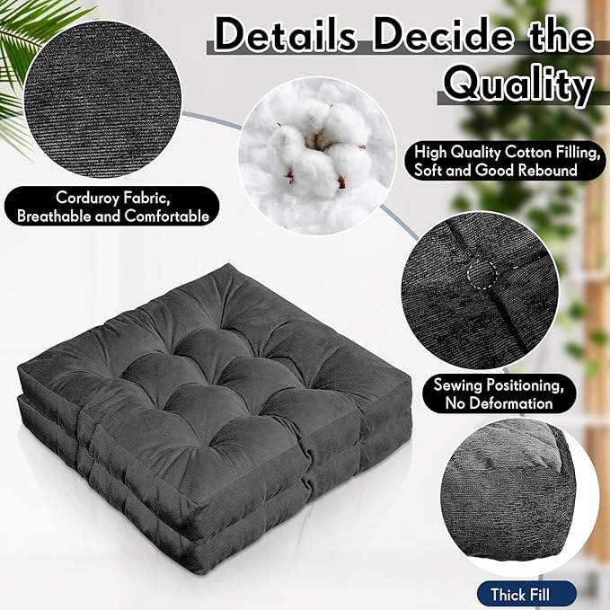 Jerify Floor Pillow Cushions Large Round Square Large Meditation Floor Pillow for Classroom Adult Meditation Picnic Party Seating Learning Daycare School(Square,Dark Grey,4 Pcs)