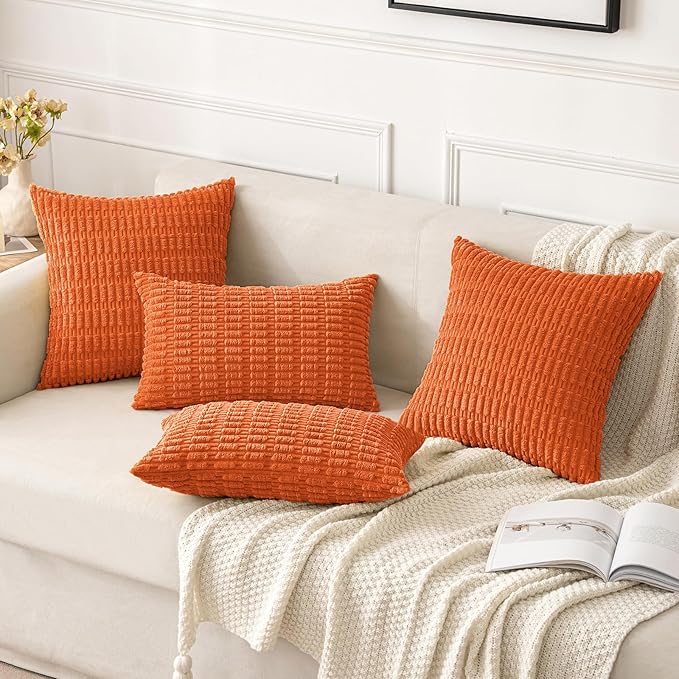 MIULEE Pack of 2 Orange Corduroy Decorative Lumbar Pillow Covers 20x12 Inch Soft Boho Striped Throw Pillow Covers Modern Farmhouse Home Decor for Summer Sofa Living Room Couch Bed