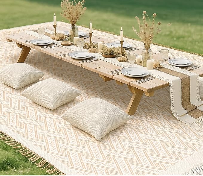 Extra Large Outdoor Boho Picnic Blanket 118'' x 71'' Beige White Table Runner 6 Throw Pillow Cover Woven Cotton Yarn Oversize Beach Blanket Washable for Picnic Camp Wedding