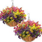 2 Set Artificial Outdoor Flowers with Hanging Basket, 2 Hanging Planters with 24 Pcs Flowers for Spring Summer Front Porch Garden Patio Home Decor