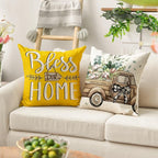 AVOIN colorlife Bless Our Home Farmhouse Eucalyptus Leaves Throw Pillow Covers, 16 x 16 Inch Yellow Truck Home Sweet Cushion Case Decorations Set of 4
