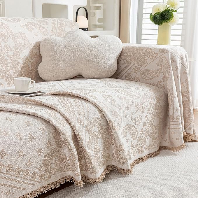 ROOMLIFE Beige Couch Covers for Sofa, Sofa Covers Washable Non Slip Furniture Protector Couch Sofa Covers for 3 Cushion Couch, Breathable Sofa Slipcovers Couch Cover Blanket with Tassels 71" X 150"