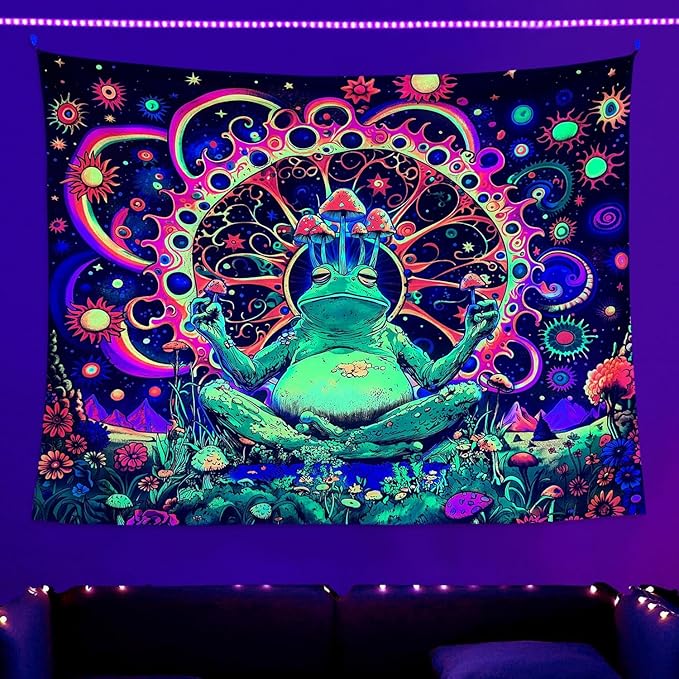 ARTCREATOR Blacklight Frog Mushroom Tapestry, Whimsical Hippie Wall Decor UV Reactive Tapestries Vintage Meditating Frog Tapestries for Living Room Bedroom (29" x 37")