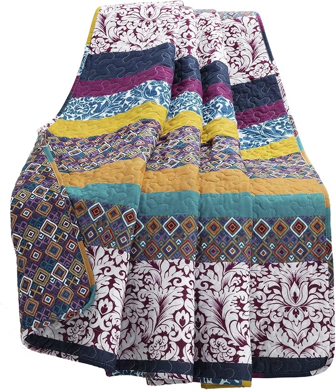 Lush Decor Boho Stripe Reversible Cotton Throw Blanket, 50" W x 60" L, Plum & Yellow - Striped Throw Blankets for Bed - Couch Blanket - Boho Throw Blanket for Couch