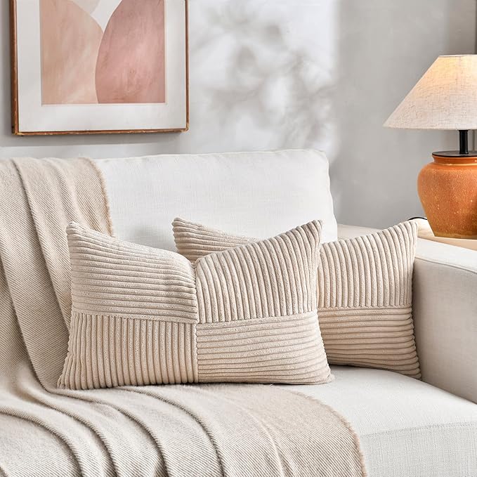 Fancy Homi 2 Packs Tan Lumbar Decorative Throw Pillow Covers 14x22 Inch for Living Room Couch Bed Sofa, Boho Home Decor, Soft Striped Corduroy Rectangle Accent Beige Cushion Case 35x55 cm