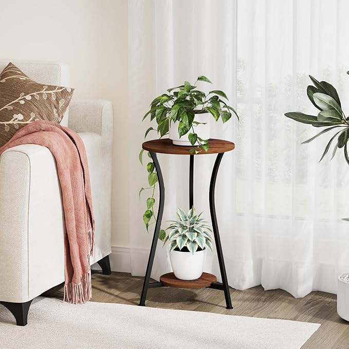 YINMIT Plant Stand Indoor, Plant Shelf Holder, Wood Corner Plant Stand, Metal Flower Stand for Indoor Plants, Small Round Side End Table for Living Room Balcony Garden (Retro, 2 Tier)