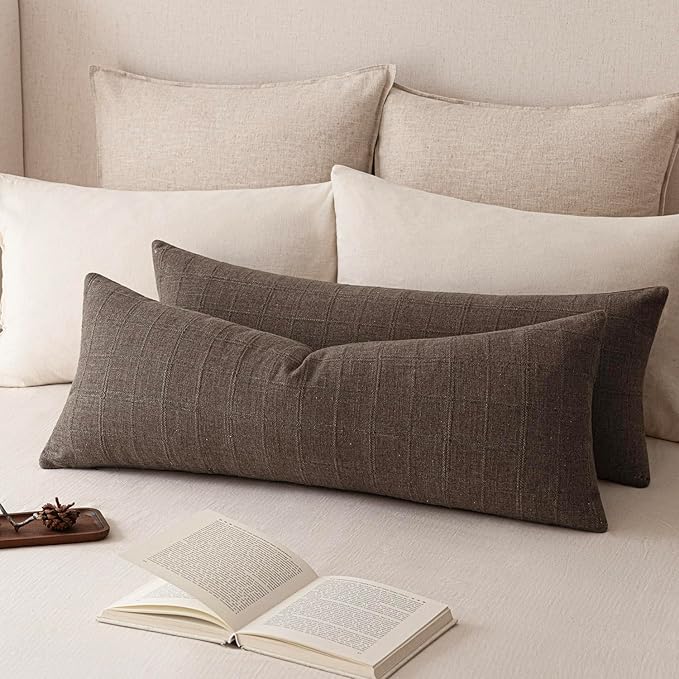 Foindtower Set of 2 Decorative Linen Check Throw Pillow Covers Neutral Farmhouse Vintage Cushion Covers Cozy Modern Boho Home Decor for Sofa Chair Couch Bedroom Living Room,14×36 Inch,Dark Brown