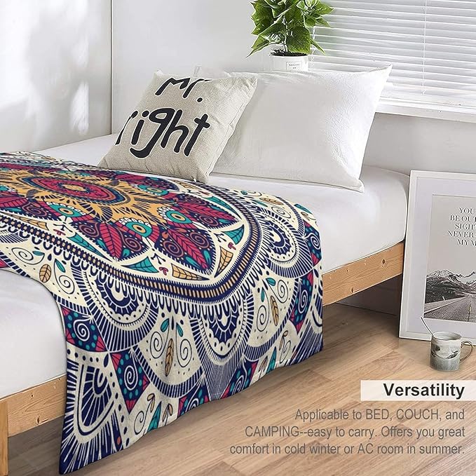 Abstract Mandala Throw Blanket Indian Hippie Bohemian Art Floral Texture Pattern Blanket for Sofa Bed Couch Chair Or Dorm 60"x80"