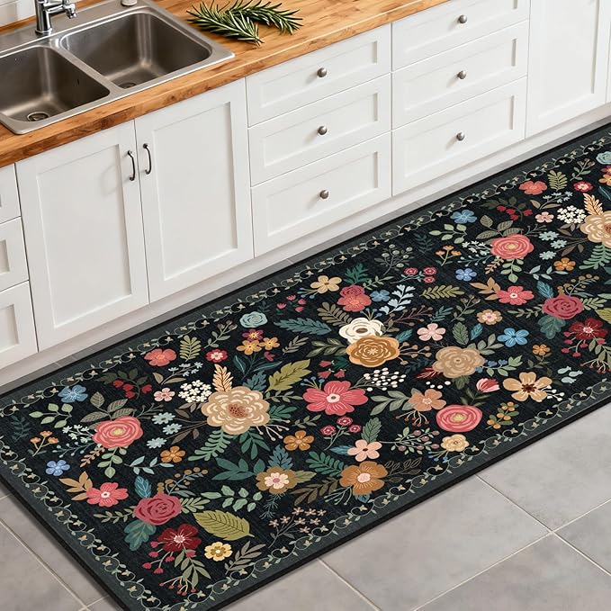 Washable 2'6" x 8' Runners for Hallways, Non Slip Long Floor Runner for Kitchen, Entryway Indoor, Stain Resistant Rubber Backing Floral Décor Rug (Black)