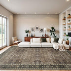 9x12 Vintage Washable Area Rug for Living Room,Low Pile Non Slip Carpet Non-Shedding Large Area Rug Soft Indoor Stain Resistant Rug Floral Print Mat for Bedroom Dining Room Brown Floral