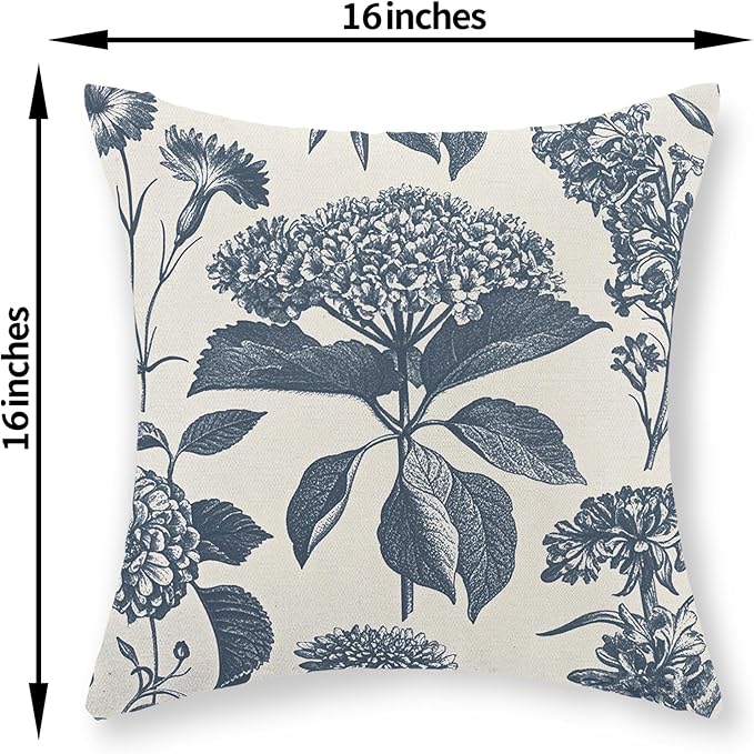 Blue Pillow Covers 16x16 Set of 2 Vintage Boho Floral Hydrangea Herbs Botanical Throw Pillow Cover Outdoor Flower Decoration Pillowcase Linen Farmhouse Cushion Case Decorative for Couch Sofa