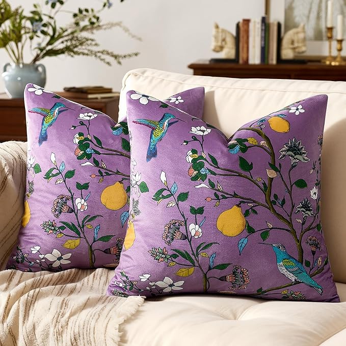 MUSSEL Light Purple Velvet Throw Pillow Covers 16x16 Pack of 2, Vintage Floral Pillow Covers, Mid Century Flower Plant Cushion Covers for Sofa Living Room Home Decor
