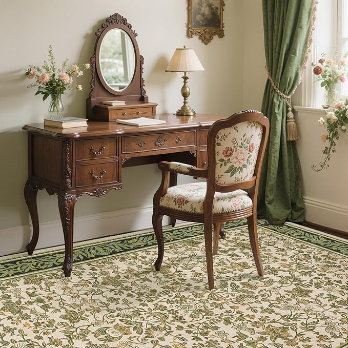 GarveeHome Washable Rug 9x12 Area Rugs for Living Room, Boho Rug Non Slip Vintage Low Pile Large Rugs for Bedroom Stain Resistance Non-Shedding Throw Carpet for Office Light Green
