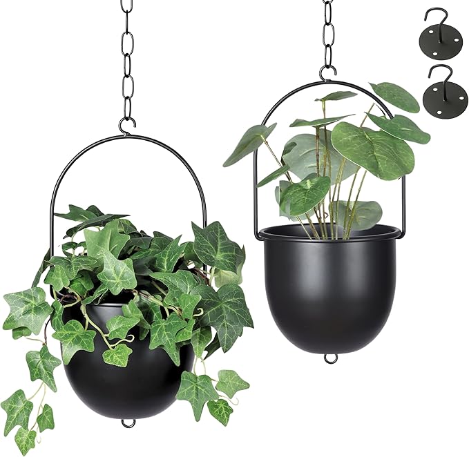 Shineloha 2 Pack Metal Hanging Planters for Indoor Outdoor, with 5.5 Pot, Modern Hanging Planter | Black Plant Hanger, Ceiling Plant Hangers. NO Plant incld.