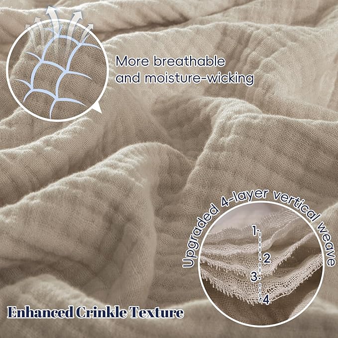 PHF 100% Cotton Muslin Throw Blanket 50" x 60", 4-Layer Lightweight Gauze Throw, Breathable Cloud-Soft Minimalist Blanket for Bed, Couch, Camping & Baby, Taupe, Ideal Gift
