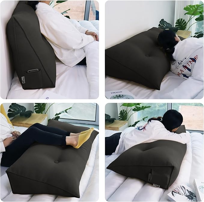 WOWMAX 80% Cotton 20% Linen Blend Headboard Pillow – California King Size Reading Wedge Backrest for Bed, Handmade Firm Support Bolster Cushion with Removable Cover, Premium Bed Rest Pillow, Deep Gray