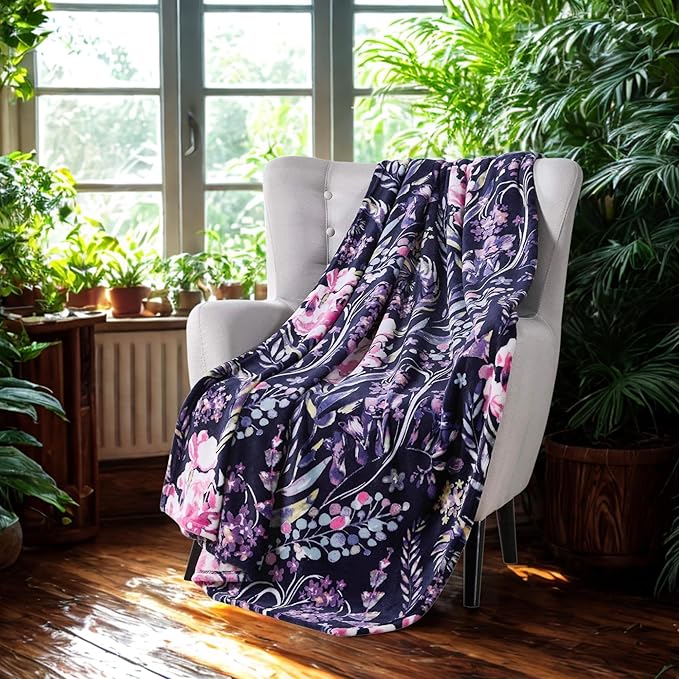 Floral Fleece Throw Blanket: Flowers Velvety Soft Vibrant Botanical Accent for Couch or Bed, Colors: Dark Navy Blue Pink Purple Yellow Green White, Oversized 50" x 70"