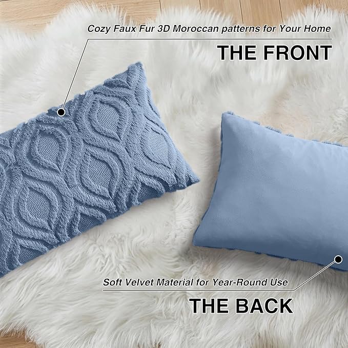decorUhome Cozy Textured Throw Pillow Covers 12x20 Inch Set of 2, Soft Plush Faux Wool Dusty Blue Accent Couch Pillow Covers for Modern Farmhouse Sofa Bed Living Room