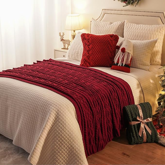 Battilo Christmas Dark Red Throw Blanket for Couch, Bed, Sofa, 51"x67", Woven Chenille Knit Throw Blankets, Gift Blanket, Cozy Warm Decorative Textured Throw Blanket for Living Room
