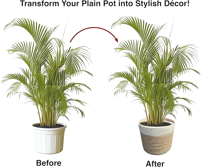 Planter Basket Set – 5-Piece Handwoven Jute Planter Basket for Home Decor, Nursery, or Indoor Plants (5'' to 8'' Diameter, 4.75'' to 7.75'' Height) – Fold & Wrinkle Free - Natural Jute with White Band