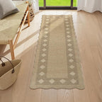 LIVEBOX Scalloped Easy Jute Diamond Rug for Kitchen, Washable 2x6 Runner Tan Rugs for Entryway, Geometric Checkered Indoor Outdoor Farmhouse Non Slip Rug Modern Carpet Door Mat for Porch Hallway
