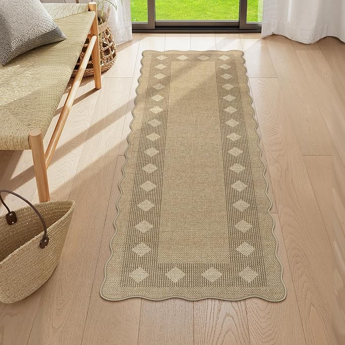 LIVEBOX Scalloped Easy Jute Diamond Rug for Kitchen, Washable 2x6 Runner Tan Rugs for Entryway, Geometric Checkered Indoor Outdoor Farmhouse Non Slip Rug Modern Carpet Door Mat for Porch Hallway