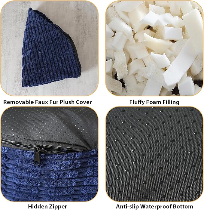 Round Stuffed Pouf Ottoman for Foot Rest, Storage Ottoman Pouf Foot Stool Cushion, Faux Fur Poufs with Foam Chunk Filling, 20 X 15 Inch Floor Chair for Living Room Bedroom Home Decor, Navy Blue