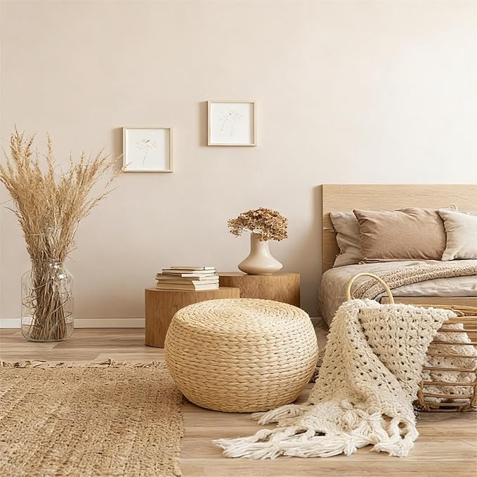 Natural Straw Round Pouf Ottoman, Handwoven Boho Footstool with Wood Frame for Living Room Bedroom Patio Garden (12.2"x12.2"x8.7")