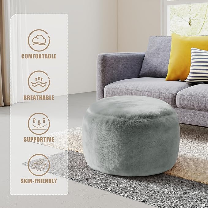 Round Stuffed Pouf Ottoman for Foot Rest, A Round Modern Foam Filled Poufs, Floor Chair for Living Room, Nursery, Dorm, A Soft Modern Foot Stool Perfect to Rest Your Feet (Grey, 20Inch)
