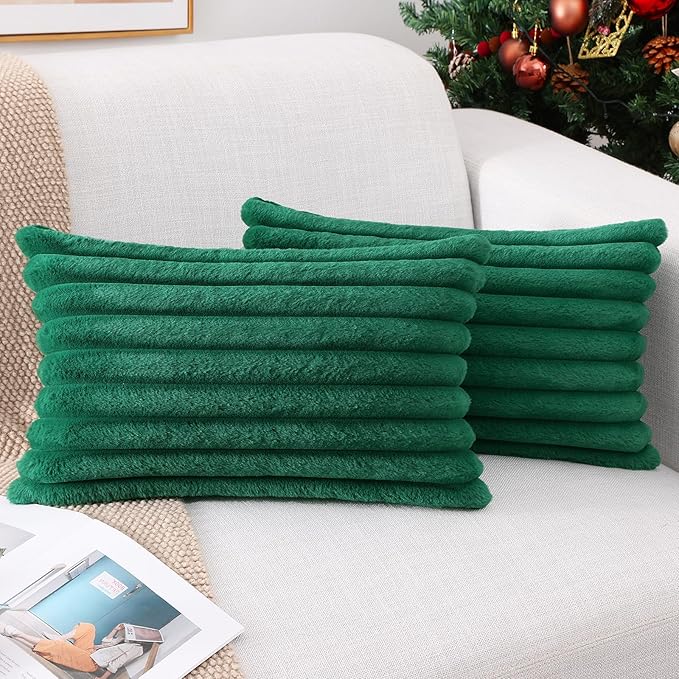Pallene Faux Fur Plush Lumbar Throw Pillow Covers 12x20 Set of 2, Luxury Soft Fluffy Striped Decorative Pillow Covers for Sofa, Couch, Living Room, Christmas Green