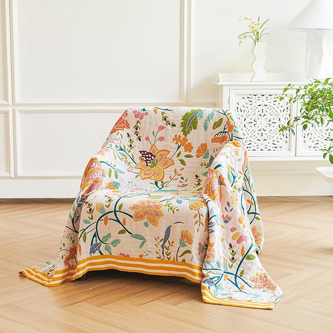 Boho Throw Blanket, 100% Organic Cotton Breathable Ultra Soft 91" x 108" King Bed Quilt Throw - All Season Floral Rustic Farmhouse Decor Luxury Blanket for Sofa Couch Chair and Gift