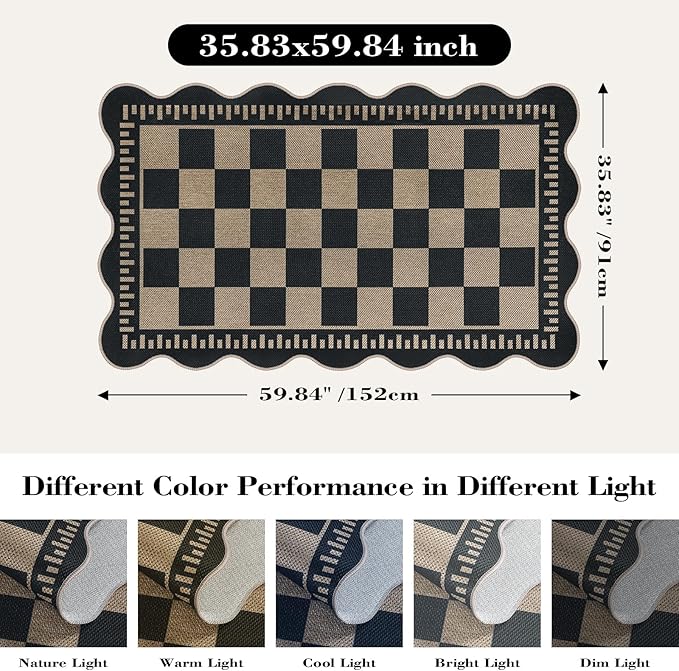 Checkered Easy Jute 3x5 Outdoor Patio Rug, Washable Rugs for Entryway Indoor Outdoor Area Rug Black Kitchen Rugs, Non-Slip Farmhouse Neutral Rug for Balcony Backyard