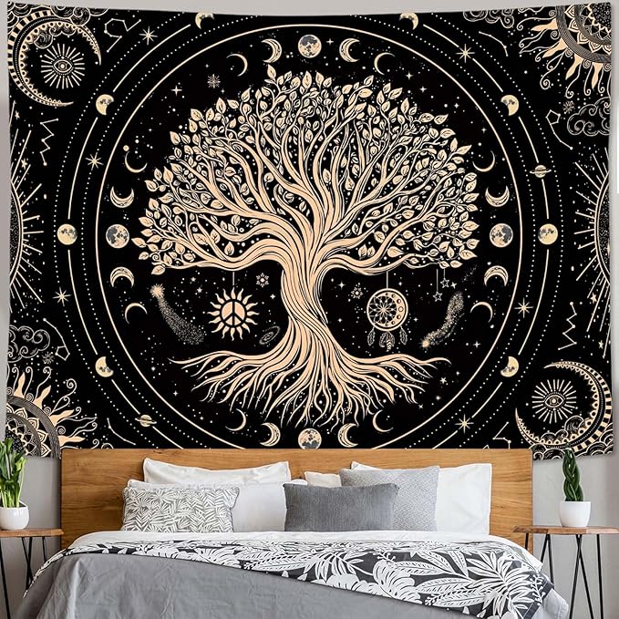 Accnicc Tree of Life Tapestry Sun Moon Stars Tapestries for Bedroom Aesthetic Hippie Black Beige Boho Mandala Spiritual Celestial Large Tapestry Wall Hanging for Dorm Living Room Decor 80 x 60 Inch