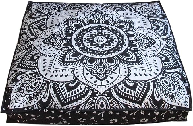 CRAFT KALA Mandala Floor Pillow Cushion Cover Seating Throw Cover Hippie Decorative Bohemian Ottoman Poufs Pillow Cases Boho Indian Cotton Living Room Yoga Home Décor 24" Square, Black Silver Flower