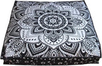 CRAFT KALA Mandala Floor Pillow Cushion Cover Seating Throw Cover Hippie Decorative Bohemian Ottoman Poufs Pillow Cases Boho Indian Cotton Living Room Yoga Home Décor 24" Square, Black Silver Flower
