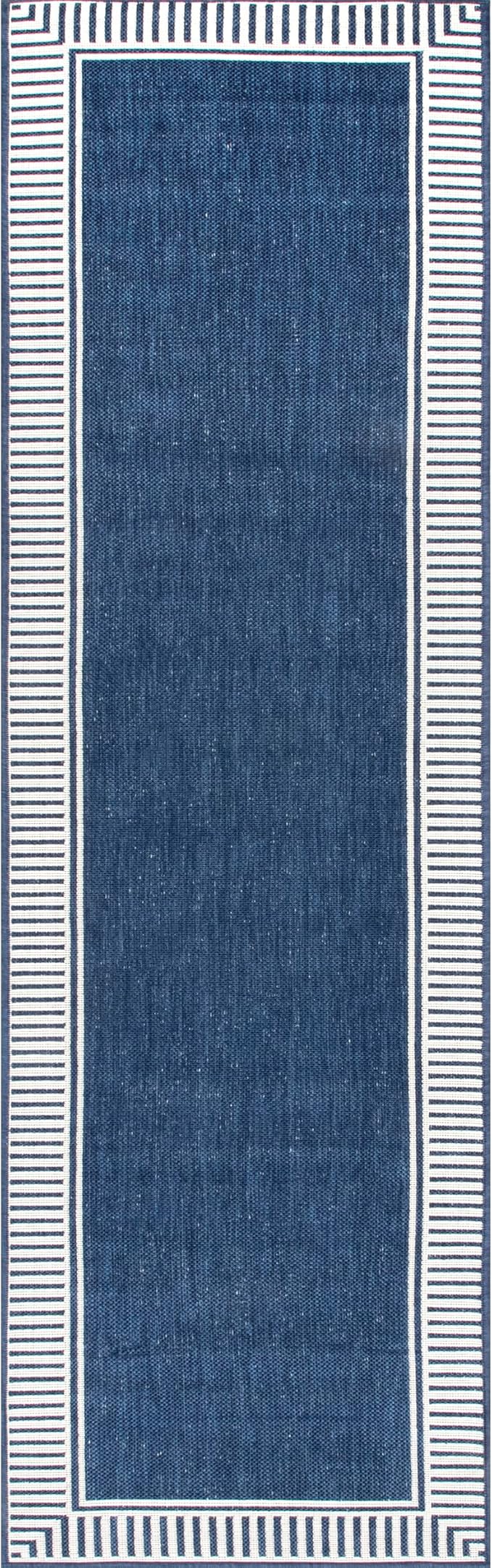 Nuloom Asha Navy/Ivory, 2' x 6', Casual, Striped Border, Soft and Cozy, High Traffic, Stain Resistant, Easy Clean, Durable Runner for Indoor/Outdoor Patio, Deck, Porch, Garden, Courtyard