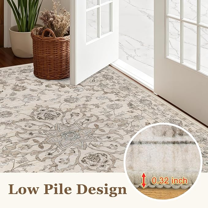 4x6 Area Rugs for Living Room: Washable Rug Soft Vintage Distressed Floral Carpet Indoor Floor Non-Slip Stain Resistant Large Carpets for Bedroom Dining Room Farmhouse Nursery Home Office Brown Beige