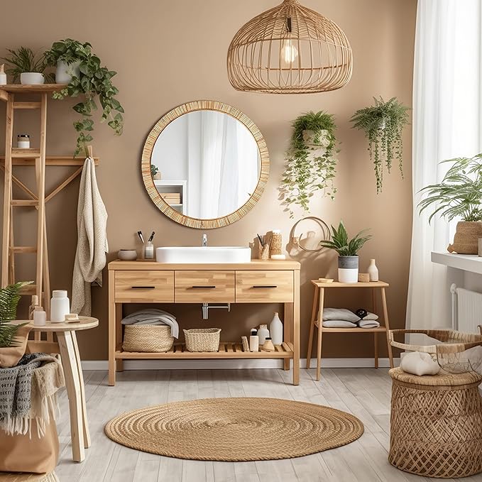 Barnyard Designs Rattan Bathroom Mirror – Rustic Farmhouse Style Handmade Wicker Rattan Frame - Boho Mirror for Nursery Wall Décor (25.5", Round)