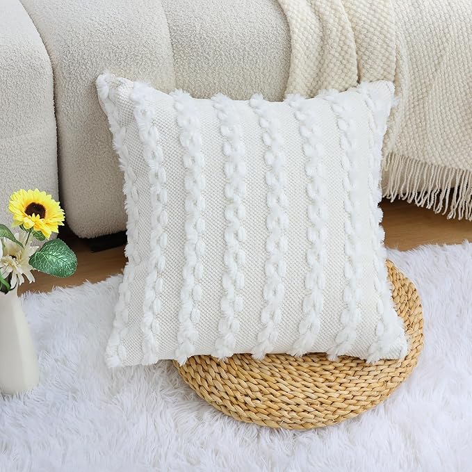 18x18 Boho Pillow Cover - Chenille Tufted Decorative Throw Pillow Cover Soft Velvet Backing, Farmhouse Striped Square Accent Pillow Case for Sofa, Couch, Bedroom, Living Room, White
