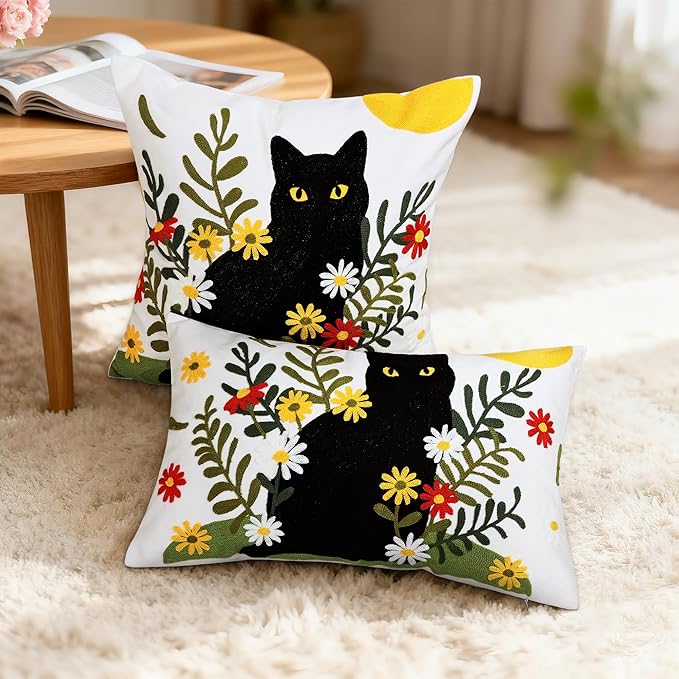 Embroidered Pillow Covers 12x20 Inch Set of 1, Black Cat and Floral Patterned Decorative Throw Pillow Covers Lumbar Farmhouse Canvas Cushion Cases for Couch Sofa Bed Living Room Home Decor