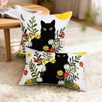 Embroidered Pillow Covers 12x20 Inch Set of 1, Black Cat and Floral Patterned Decorative Throw Pillow Covers Lumbar Farmhouse Canvas Cushion Cases for Couch Sofa Bed Living Room Home Decor
