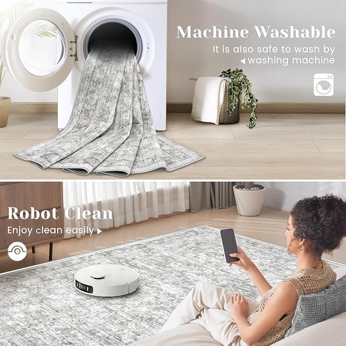 6x9 Area Rugs for Living Room: Washable Vintage Floral Rug Low Pile Non-Slip Boho Carpet for Bedroom Nursery Dining Room (Grey, 6'x9')