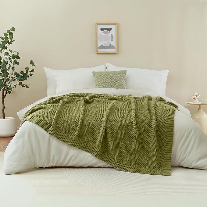 Knitted Throw Blanket 50"X60", Olive Green Knit Throws for Bed, Super Soft Boho Chevron Blankets for Couch Sofa Chair Room Decor, Textured Decorative Farmhouse Cozy Lightweight
