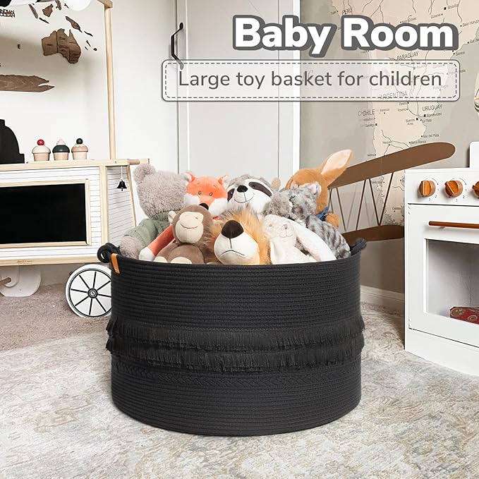 CherryNow 22"x22"x14" Large Blanket Basket, Home Décor for Living Room Bedroom, Boho Decorative Laundry Basket for Clothes, Baby Toy Storage, Black