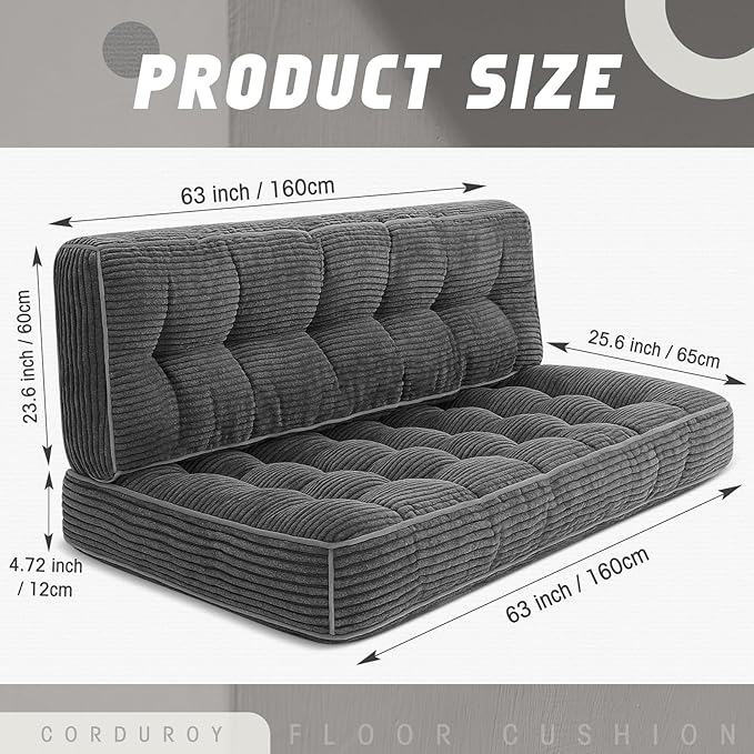 63 Inch Folding Bench Cushion, 4 Inch Thick 2-in-1 Convertible Long Floor Lounger Boneless Cushions Couch Mattress Upholstered for Yoga, Reading, Sleeping, Meditation Living Room(Dark Grey)