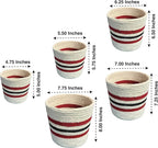 Plant Basket Set of 5, Handwoven Jute Planter Baskets for Indoor Plants, Home Decor and Nursery, Woven Rope Baskets, 5 to 8 Inch, White with Red and Black Stripes