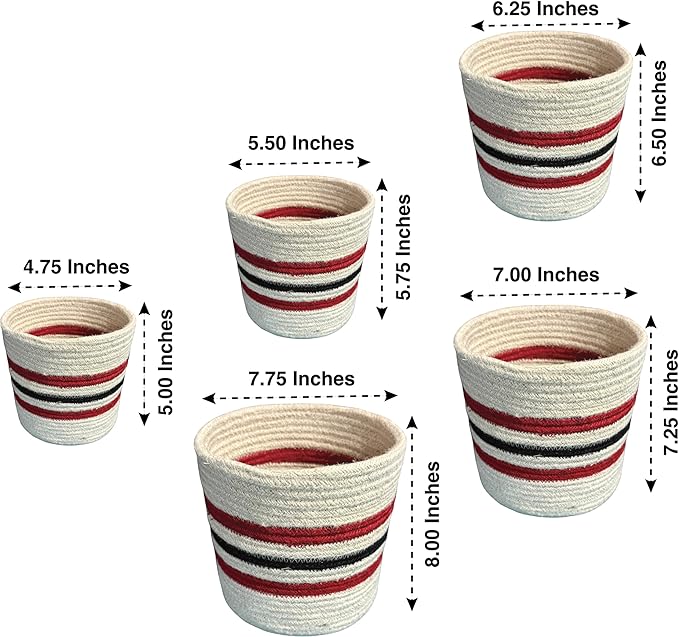 Plant Basket Set of 5, Handwoven Jute Planter Baskets for Indoor Plants, Home Decor and Nursery, Woven Rope Baskets, 5 to 8 Inch, White with Red and Black Stripes